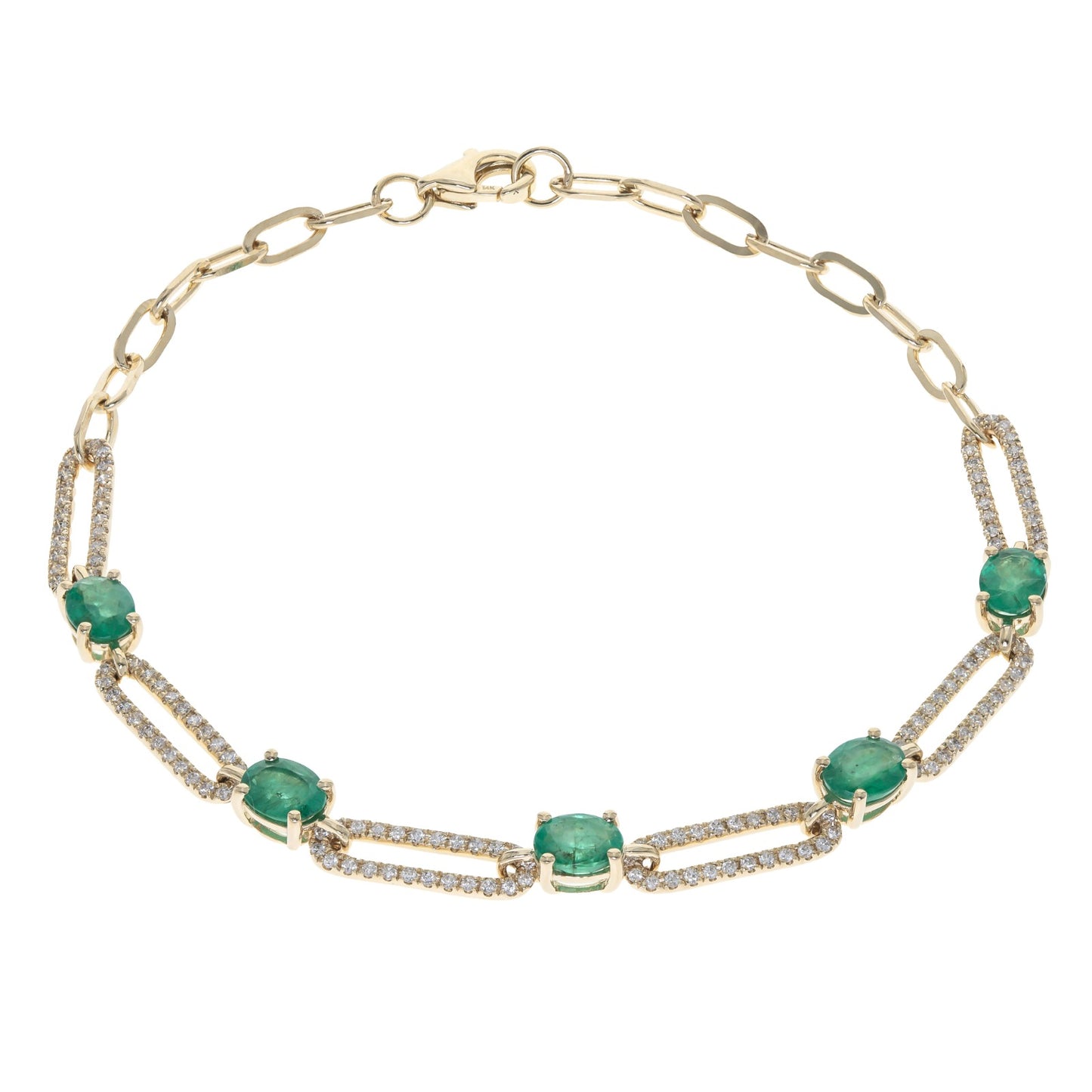 14K YG Emerald and Diamond Accented Oval Link Bracelet