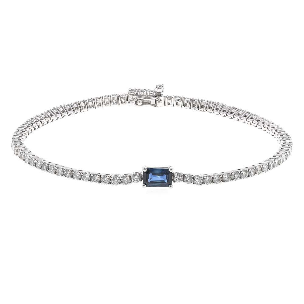 14K WG Diamond Tennis Bracelet with Blue Sapphire