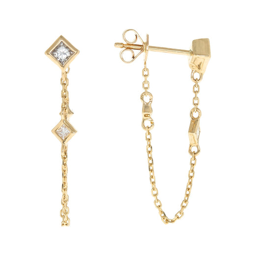 14K YG Princess Cut Diamond Bezel-Set Chain earrings